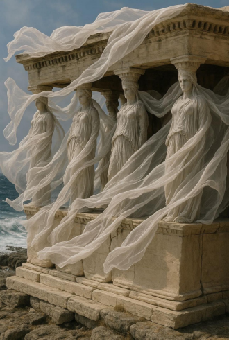 #Caryatids que fluyen en el viento# El estilo de la escultura está estrechamente asociado con el arte griego antiguo