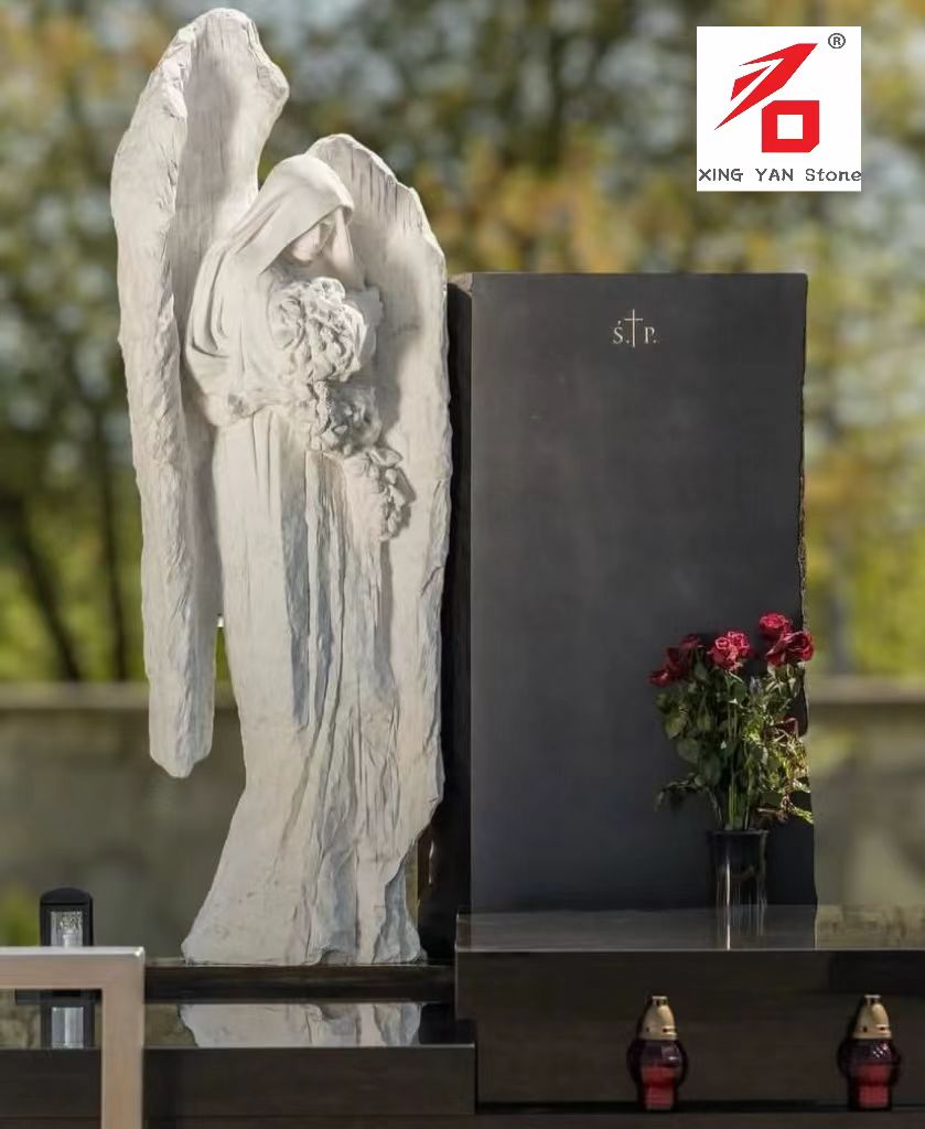 Fabricación de China Xingyan: ángel que abarca la lápida de talla de piedra de flores