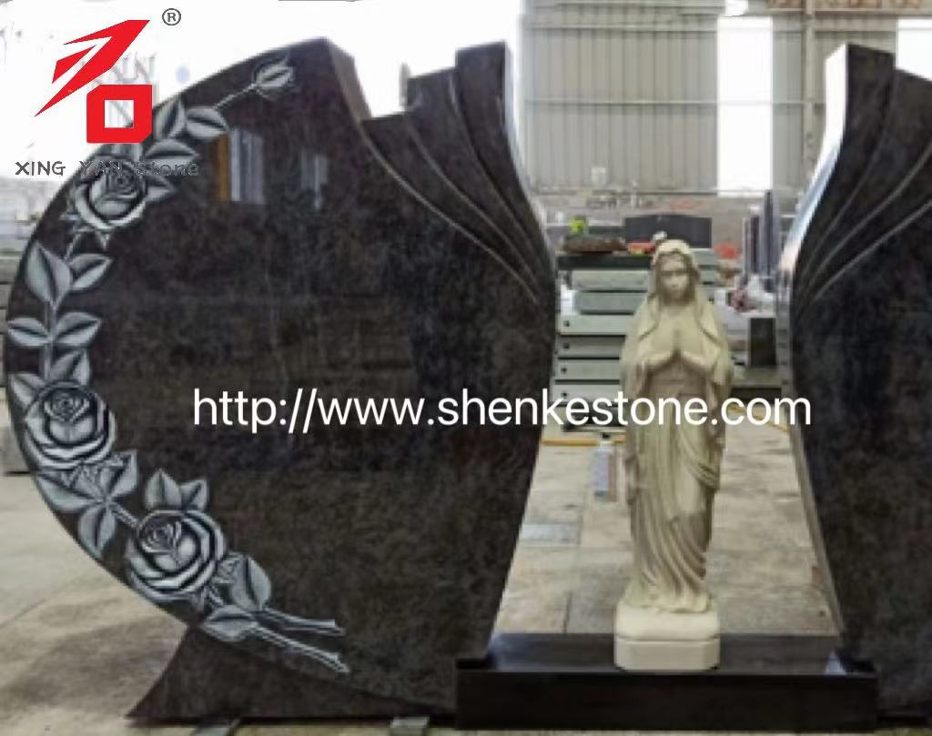 Doble tallado Rose Mary Headstone Bahama Blue Granite